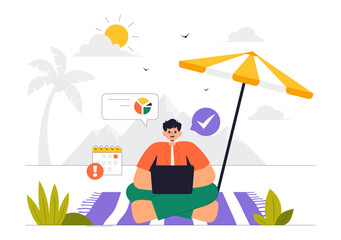 Digital Nomad Lifestyle Vector Illustration Featuring People Working Remotely While Traveling and Enjoying a Holiday in a Flat Style Background
