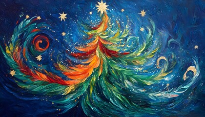 Abstract Christmas Tree Night Sky Painting