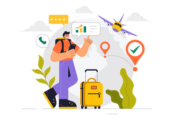 Digital Nomad Lifestyle Vector Illustration Featuring People Working Remotely While Traveling and Enjoying a Holiday in a Flat Style Background