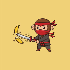 Adorable Ninja Monkey Slices Bananas with Katana Cartoon Illustration