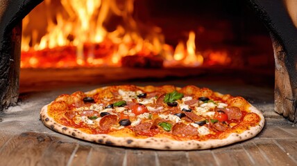 A freshly baked pizza with toppings, placed in a wood-fired oven, surrounded by flames creating a warm, inviting atmosphere.