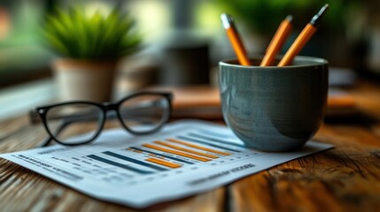 Office desk with financial report, pencils, and glasses