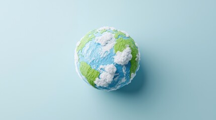 Fototapeta premium Handmade clay model of planet Earth centered on a light blue background representing global conservation.