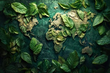 Fototapeta premium Lush Green Leaves Surround A Golden World Map