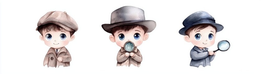 Three little boys with hats exploring nature with a magnifying glass, summer adventure of discovery and learning