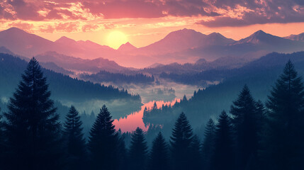 Obraz premium Breathtaking Mountain Landscape with Glowing Sunrise Sky and Misty Evergreen Forests mountain landscape