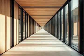 Fototapeta premium The interior design of the office corridor features glass and black metal frames, wooden ceiling panels, white walls with light wood grain decoration on top, creating an elegant atmosphere. 