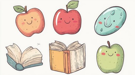 Set of happy and cheerful doodle characters, including a smiling book, apple, and raindrop