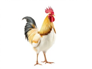 Fototapeta premium Maran rooster with glossy black plumage standing proudly on a white surface, white background, glossy feathers, rooster