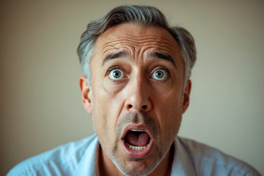 a middle-aged man's shocked expression when he received unexpected news.