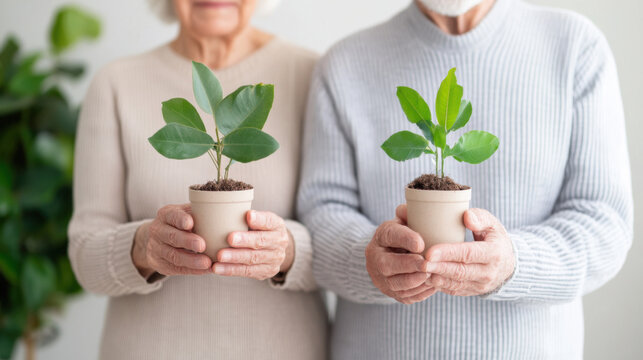 Elderly couple holding potted plants, symbolizing growth and nurturing. Their warm expressions reflect joy and connection to nature