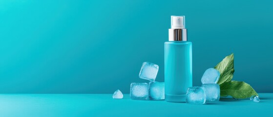 Daily skincare routine for deep hydration. Refreshing blue cosmetic bottle with ice cubes and mint leaves on a turquoise background.