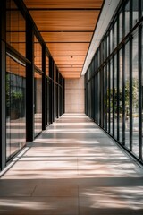 The interior design of the office corridor features glass and black metal frames, wooden ceiling panels, white walls with light wood grain decoration on top, creating an elegant atmosphere. 