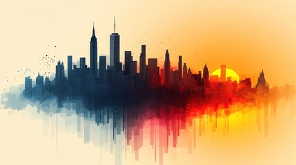 Naklejka premium Cityscape sunset, urban skyline reflection, birds flying, sunrise background