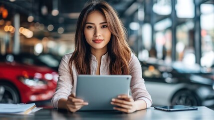 Showroom saleswoman tablet car dealership