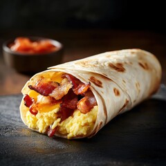 A scrumptious bacon and egg breakfast burrito with crispy bacon, scrambled eggs, and melted cheese