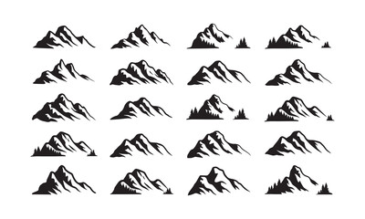 Mountain silhouette set. Rocky mountains icon or logo collection. Vector illustration. Mountain logotype on a white background. Set of black rock icons. Adventure traveling mountain logos. Collection 