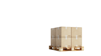 Cardboard boxes stacked on wooden pallet with transparent background