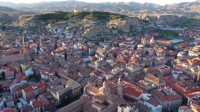 View from drone of Calatayud cityscape with ancient Mudejar-style tower, Aragon, Spain