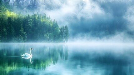 Serene Swan on Misty Lake Peaceful Nature Scene Calm Waters Green Forest Background