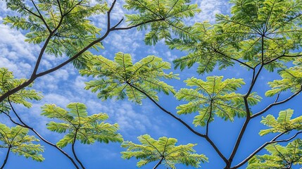 Fototapeta premium Lush green canopy, blue sky, clouds, park, nature background