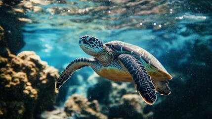 Fototapeta premium Sea turtle swimming in a coral reef. Photo shows the beauty of marine life and emphasizes the importance of conservation.