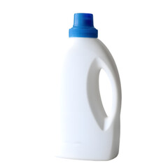 White plastic detergent bottle with a blue cap. The bottle has a built-in handle for easy pouring and a simple, clean design. Isolated on transparent background, png. 