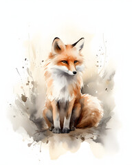 Fototapeta premium Majestic Red Fox Watercolor Painting, Graceful Woodland Animal with Soft Artistic Splash Effects