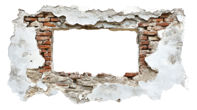 Destroyed brick wall with transparent background creating empty frame