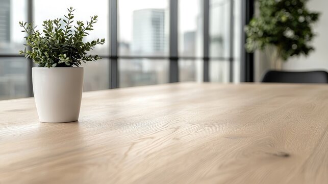 Small green potted plant sits on a light wooden table in a bright modern office with blurred city buildings in the background.