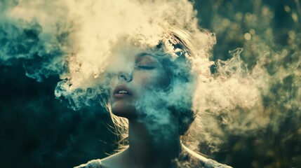 Woman engulfed in smoke.  Conceptual photography of dreams, mystery, fantasy.