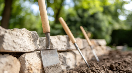 Gardening tools, trowels, and soil near stone retaining wall in sunny garden setting. scene conveys sense of outdoor work and nature beauty