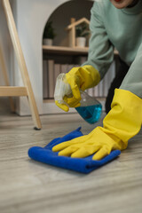the wife is cleaning her husband home office, cleanup the room, wearing rubber glove to protect her hands, the housekeeper is cleaning the house, tidy up