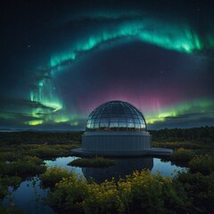 A high-tech celestial observatory rests among floating gardens, monitoring the shifting auroras above a glowing cosmic sea.