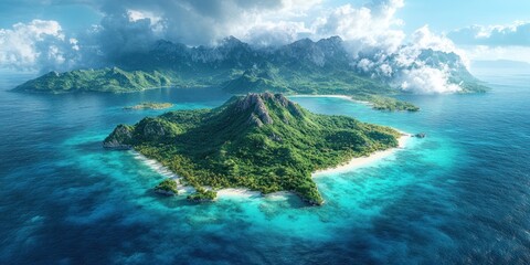 Naklejka premium Tropical Island Paradise: An Aerial View of Lush Greenery, Turquoise Waters, and Majestic Mountains
