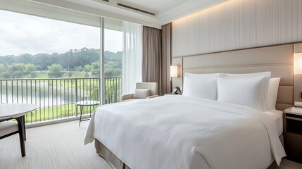 Luxurious hotel room with lake view, relaxing atmosphere