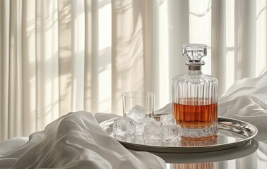 Elegant whiskey decanter and glass with ice on a silver tray against a soft backdrop