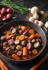 Hearty beef stew simmering in a rich burgundy wine broth with tender carrots and pearl onions, delicious stew, pearl onions