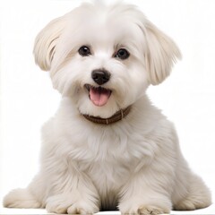 Obraz premium A white dog with a brown collar is sitting on a white background