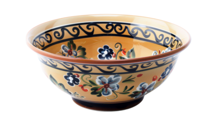 Empty ceramic bowl with floral decoration and transparent background