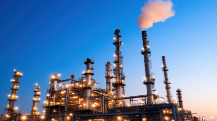 Fototapeta premium Night view of oil refinery glowing with lights against blue sky, showcasing industrial structures and smoke emissions