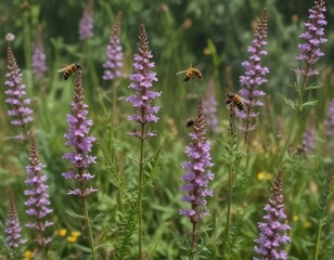 Fototapeta premium Hoary vervain plant with multiple bees landing on its flowers, greenery, pollinators, insects
