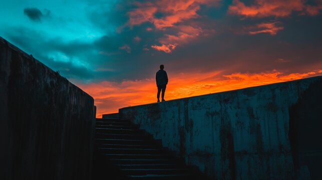 Silhouette of a person standing on a wall with dramatic sunset sky.
