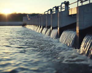 Powerful flow of water cascading through dam channels at sunset, creating serene and dynamic scene. sunlight reflects off water, enhancing tranquil atmosphere