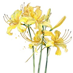 Watercolor Yellow Spider lily Isolated on White Background. Beautiful Spider lily Flower