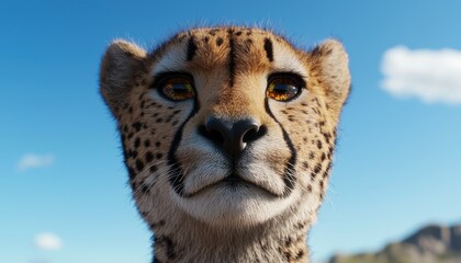 A close-up view of a cheetah's face, showcasing its distinct features against a clear blue sky.