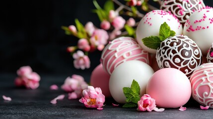 Fototapeta premium Pink and white chocolate cake pops with blossoms