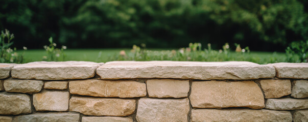 Natural stone retaining wall with lush greenery in background, showcasing precise layering of bricks and mortar. serene outdoor setting enhances beauty of structure