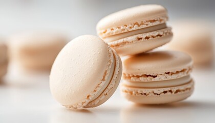 Obraz premium Delicate beige macarons stacked elegantly, showcasing their smooth texture and creamy filling, perfect for dessert lovers.
