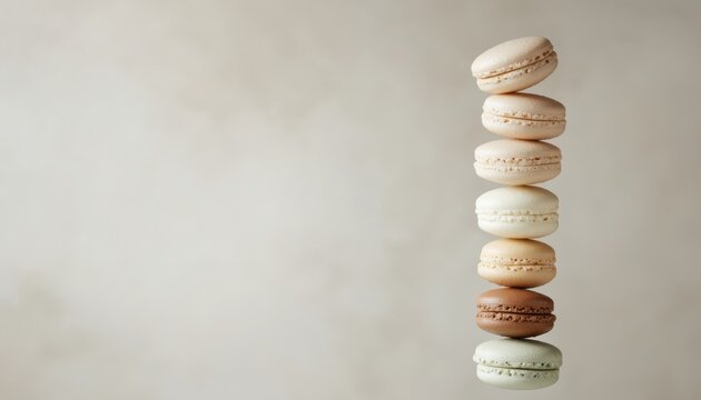 A stack of colorful macarons arranged vertically against a soft, neutral background, showcasing their delicate textures and pastel hues.